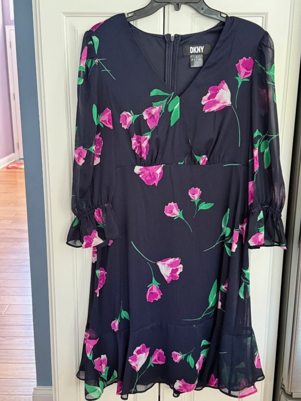 Navy Blue Floral Dress - 3/4 Flowy Sleeves